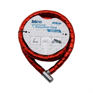 Tüp Anahtarlı Metal Kafa Çelik Motor - Bisiklet Kilit Silindirik Spiral Kilit Kırmızı Kılıf22mm X 200cm (4172)