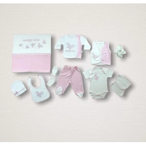 Uçan Kelebekler Nakışlı %100 Cotton Antibakteriyel 10lu Zıbın Takımı Hastane Çıkışı Pembe