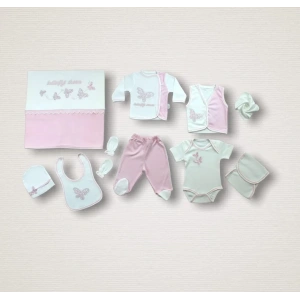 Uçan Kelebekler Nakışlı  10lu Zıbın Takımı Hastane Çıkışı Pembe