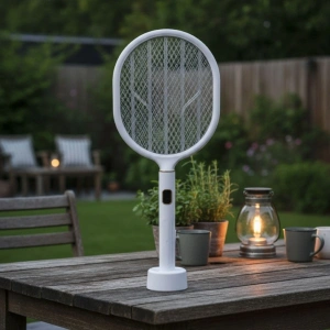 Usb Şarjlı Beyaz Renk Kendiliğinden Standlı Şarj Göstergeli Uv Işıklı Sinek Öldürme Raketi Ltd-718 (4172)