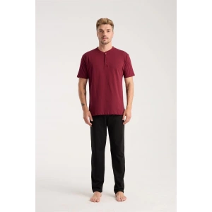 venüsshopping- Erkek Bordo Düğmeli Yaka Kısa Kol Pijama Takımı