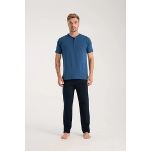 venüsshopping- Erkek İndigo Düğmeli Yaka Kısa Kol Pijama Takımı