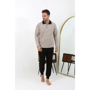 venüsshopping- Erkek Polo Yaka Uzun Kol Penye Pijama Takımı Krem