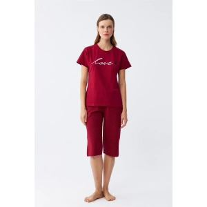 venüsshopping- Kadın Bordo Kalp Desenli Kapri Pijama Takımı