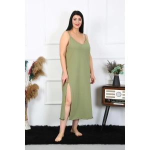 venüsshopping- Kadın Büyük Beden İp Askılı Pamuklu Haki Uzun Gecelik