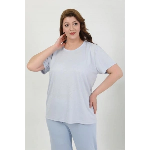 venüsshopping- Kadın Büyük Beden Kısa Kol Penye Pijama Takımı Mavi