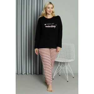 venüsshopping- Kadın Büyük Beden Penye Uzun Kol Pijama Takım Siyah