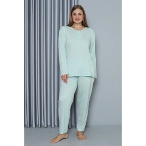 venüsshopping- Kadın Büyük Beden Penye Uzun Kol Pijama Takım Su Yeşili