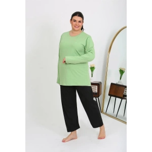venüsshopping- Kadın Büyük Beden Uzun Kol Penye Pijama Takımı Fıstık Yeşili