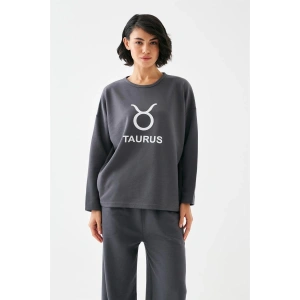 venüsshopping- Kadın Füme Boğa Burcu Oversize 2 İplik Eşofman Ev Giyim Takımı