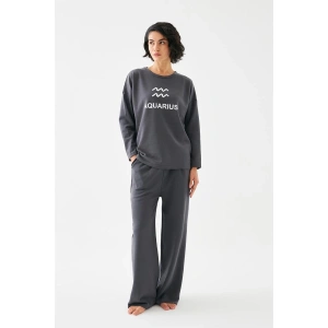 venüsshopping- Kadın Füme Kova Burcu Oversize 2 İplik Eşofman Ev Giyim Takımı