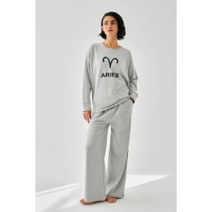 venüsshopping- Kadın Gri Koç Burcu Oversize 2 İplik Eşofman Ev Giyim Takımı