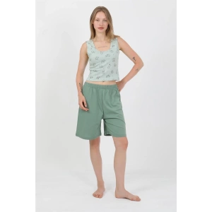 venüsshopping- Kadın Kalın Askılı Pamuk Penye Şortlu Crop Takım SuYeşili
