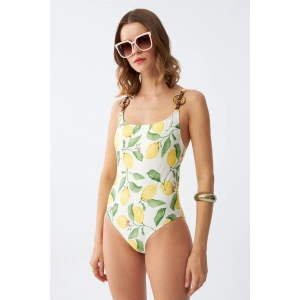 venüsshopping- Kadın Limon Desenli Aksesuar Askılı Tek Parça Mayo – Ekru