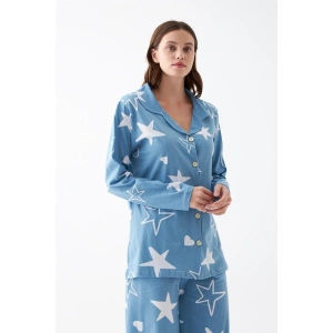 venüsshopping- Kadın Mavi Yıldız Desenli Düğmeli Pamuklu Pijama Takımı