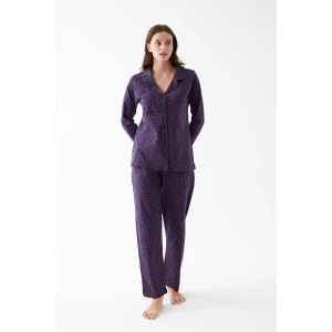 venüsshopping- Kadın Mor Düğmeli Yaka Detaylı Desenli Pamuklu Pijama Takımı