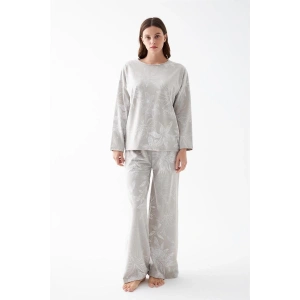 venüsshopping- Kadın Oversize Gri Çiçek Desenli Pamuklu Kalın Pijama Takımı