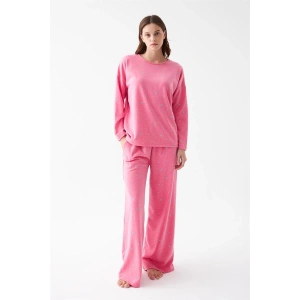 venüsshopping- Kadın Oversize Pembe Puantiyeli Pamuklu Kalın Pijama Takımı