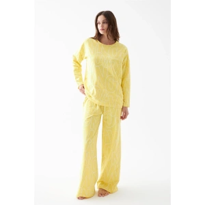 venüsshopping- Kadın Oversize Sarı Desenli Pamuklu Kalın Pijama Takımı