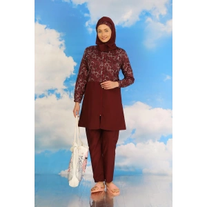 venüsshopping- Kadın Pantolonlu Desenli Tam Tesettür Mayo Bordo