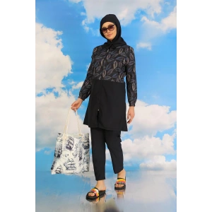 venüsshopping- Kadın Pantolonlu Desenli Tam Tesettür Mayo Lacivert