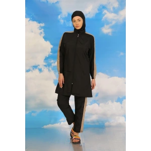 venüsshopping- Kadın Pantolonlu Kolu Şeritli Tam Tesettür Mayo Siyah