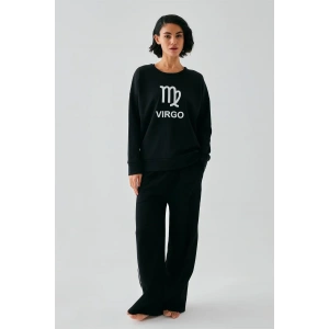 venüsshopping- Kadın Siyah Başak Burcu Oversize 2 İplik Eşofman Ev Giyim Takımı