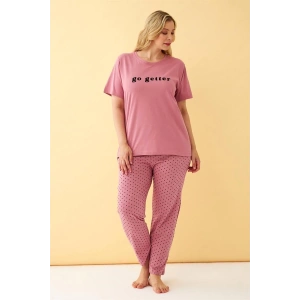 venüsshopping- Kadın Somon Go Getter Yazılı Büyük Beden Pijama Takımı