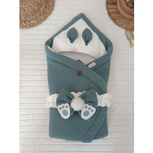 Yenidoğan 4 Kat Müslin Kumaş Kulaklı Patili Fiyonk Bebek Battaniyesi Kundak Kahverengi