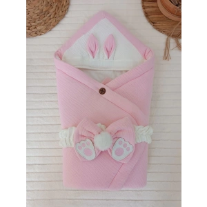 Yenidoğan 4 Kat Müslin Kumaş Kulaklı Patili Fiyonk Bebek Battaniyesi Kundak Pembe