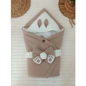 Yenidoğan 4 Kat Müslin Kumaş Kulaklı Patili Fiyonk Bebek Battaniyesi Kundak Yeşil