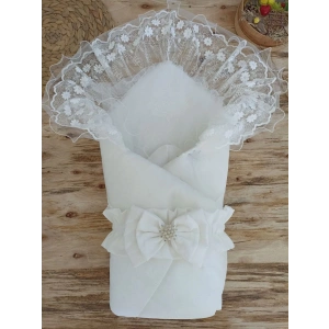 Yenidoğan Gelinlik Duvaklı Trilüks Kundak Bebek Battaniyesi Ekru