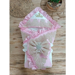 Yenidoğan Grand Lüks Kelebek Ağır Güpür İşlemeli Şapkalı Bebek Battaniyesi Kundak Pembe