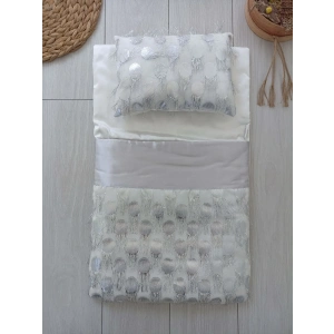 Yenidoğan İzmir İncisi Tül İşlemeli Pamuklu Fiyonklu Kundaklı Lüks 3lü Alt Açma Seti Gümüş