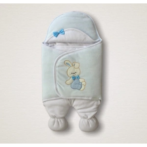 Yenidoğan Kadife Kumaş Ayıcık Nakışlı Şapkalı Kız Erkek Bebek Ayaklı Kundak Bebek Battaniyesi Mavi