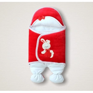 Yenidoğan Kadife Kumaş Ayıcık Nakışlı Şapkalı Kız Erkek Bebek Ayaklı Kundak Bebek Battaniyesi Kırmızı