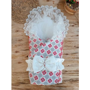 Yenidoğan Kar Tanesi Desenli Dantelli Duvaklı Bebek Battaniyesi Kundak Ekru