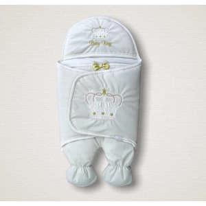 Yenidoğan King Baby Taç Nakışlı Ayaklı Erkek Bebek Kundak Ekru