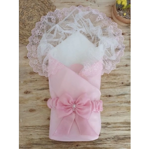 Yenidoğan Kumru İnci Fiyonk Kristal Parlak Duvaklı Kundak Bebek Battaniyesi Pembe