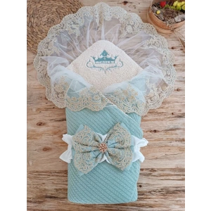 Yenidoğan Kuzulu Taç Nakış Güpürlü Fiyonklu Duvaklı Prizma Taş Unisex Kundak Bebek Battaniyesi Su Yeşili