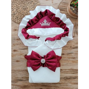 Yenidoğan Mehtap Lüks Kelebek Taç Nakışlı Bebek Battaniyesi Kundak Bordo