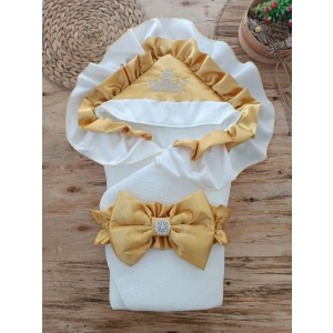 Yenidoğan Mehtap Lüks Kelebek Taç Nakışlı Bebek Battaniyesi Kundak Sarı