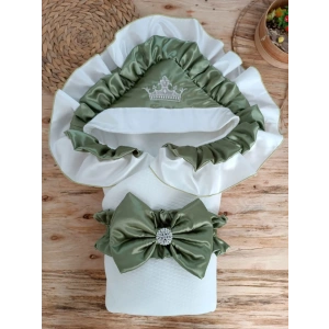 Yenidoğan Mehtap Lüks Kelebek Taç Nakışlı Bebek Battaniyesi Kundak Yeşil