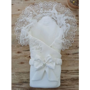 Yenidoğan Sahra Lucky Baby Nakışlı Kundak Bebek Battaniyesi Ekru