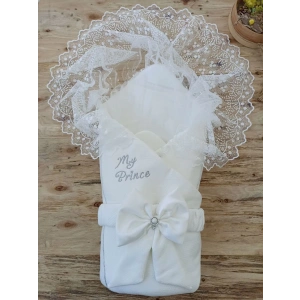 Yenidoğan Sahra My Prince Nakışlı Lüks Kundak Bebek Battaniyesi Ekru