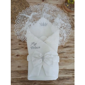 Yenidoğan Sahra Taç Benim Prensim Nakışlı Kundak Bebek Battaniyesi Ekru