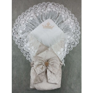 Yenidoğan Saray Kadife Taç Nakışlı İnci Fiyonklu Çift Dantel Duvak Trilüks Kundak Bebek Battaniyesi Vizon-ekru
