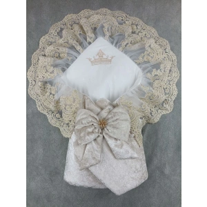 Yenidoğan Saray Kadife Taç Nakışlı İnci Fiyonklu Çift Dantel Duvak Trilüks Kundak Bebek Battaniyesi Vizon-gold