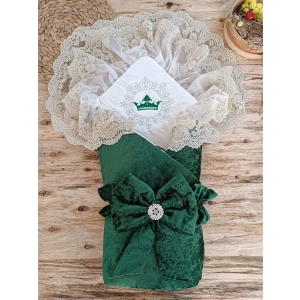Yenidoğan Saray Kadife Taç Nakışlı İnci Fiyonklu Çift Dantel Duvak Trilüks Kundak Bebek Battaniyesi Yeşil