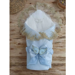 Yenidoğan Shine Kumru Melek Kanat Fiyonklu Gold Dantel Duvaklı Delüks Kundak Bebek Battaniyesi Mavi